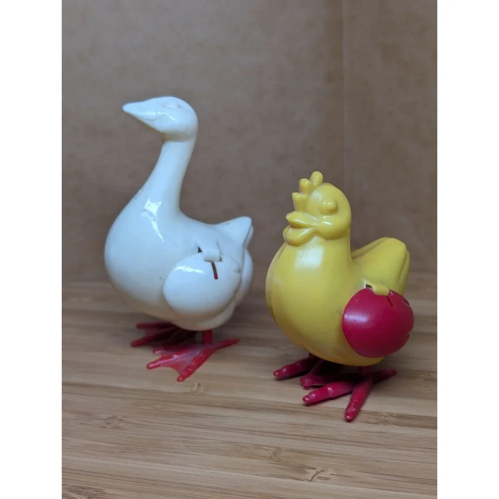 Vintage Marbe Egg Laying Yellow Chicken White Goose Toys - Playtime Productions